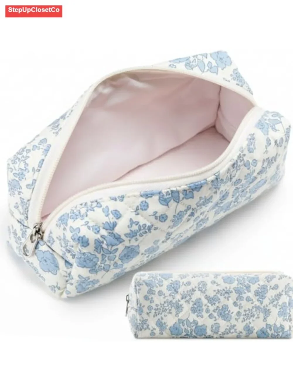 Quilted Cotton Makeup Bag with Floral Pattern - Lightweight Travel Cosmetic